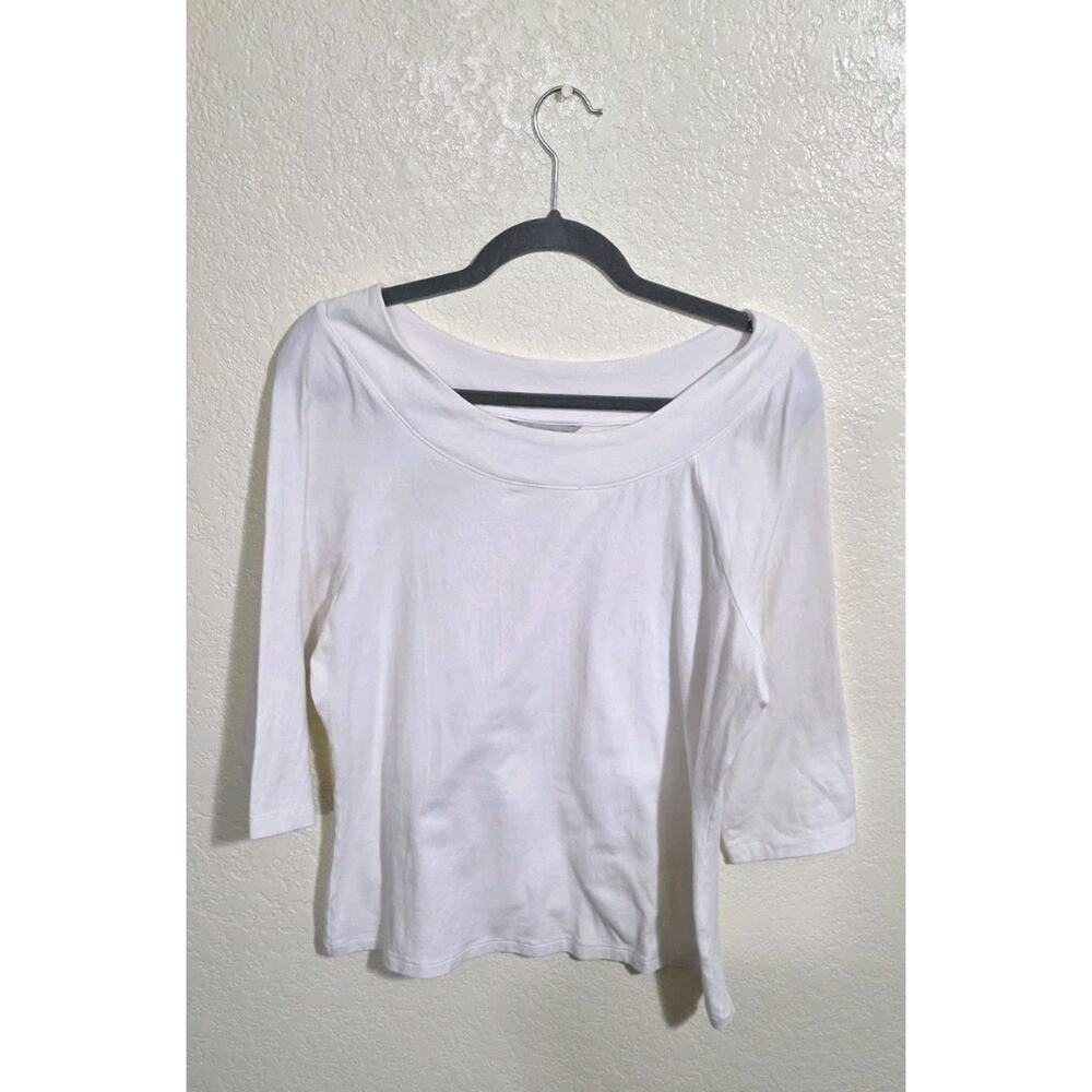 Laura Ashley 3/4 Sleeve solid white pullover knit top Petite Large Cotton Shirt